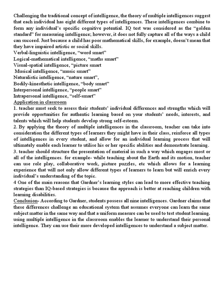 Gardner's Multiple Intelligence | PDF | Intelligence | Learning