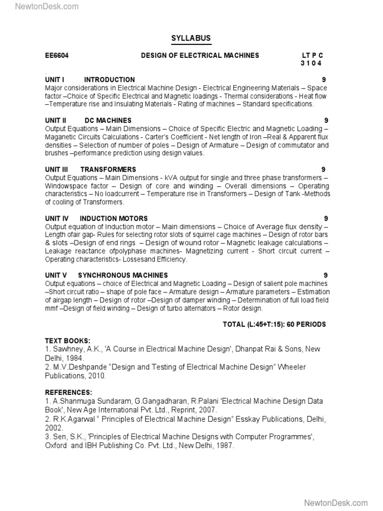 Electrical Machine Design Syllabus | PDF | Transformer | Electric Motor