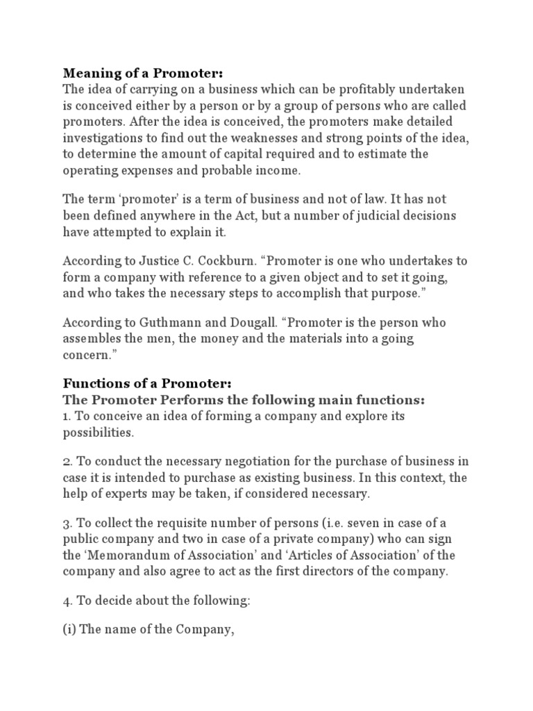 Meaning of A Promoter PDF Legal Liability Law Of Agency