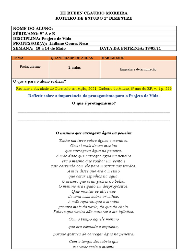 Atividades de Projeto de Vida 8º Ano | PDF