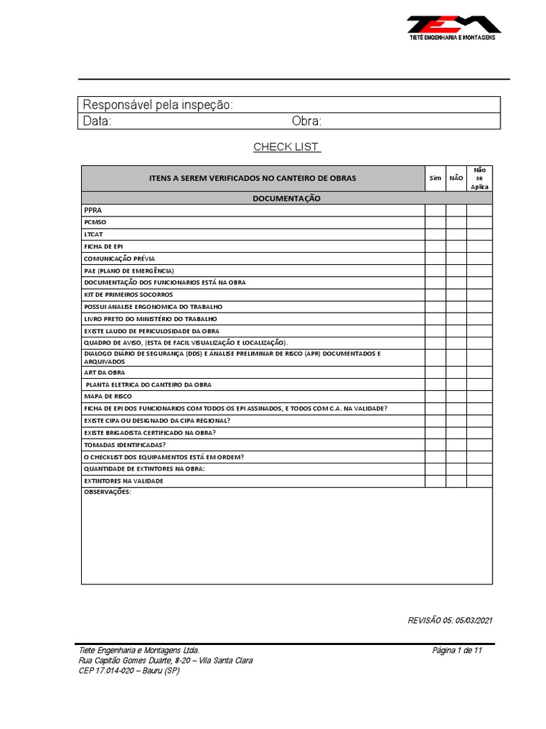 Formulário para Inspeção de Segurança - Designado Cipa