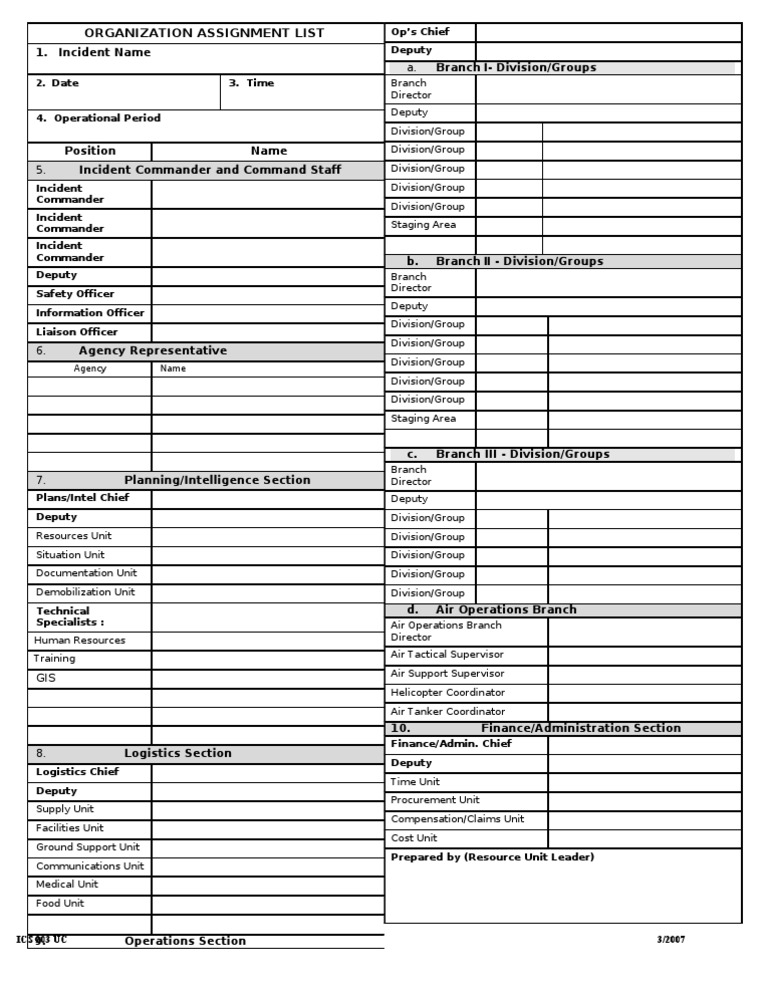 ICS 203 Organization Assignment List | PDF | Incident Command System ...