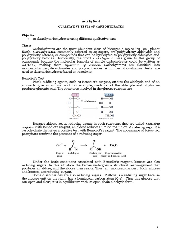 Activity No. 4 Qualitative Tests of Carbohydrates Objective Sugars