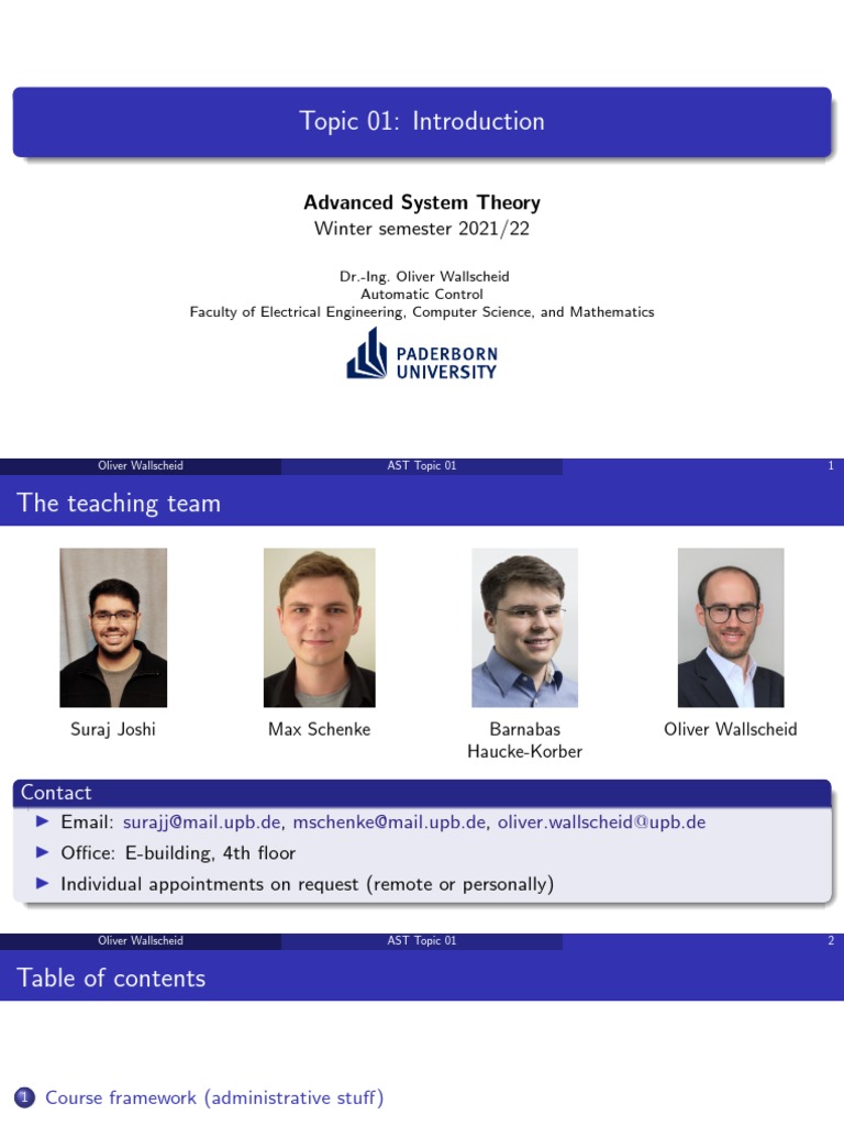Topic 01 Introduction Advanced System Theory Winter Semester 2021/22