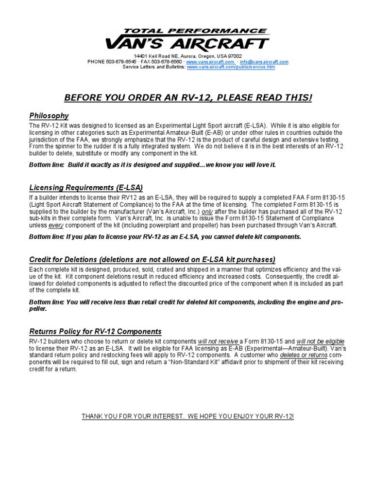 RV 12is Order Form | PDF | Aircraft | Aviation