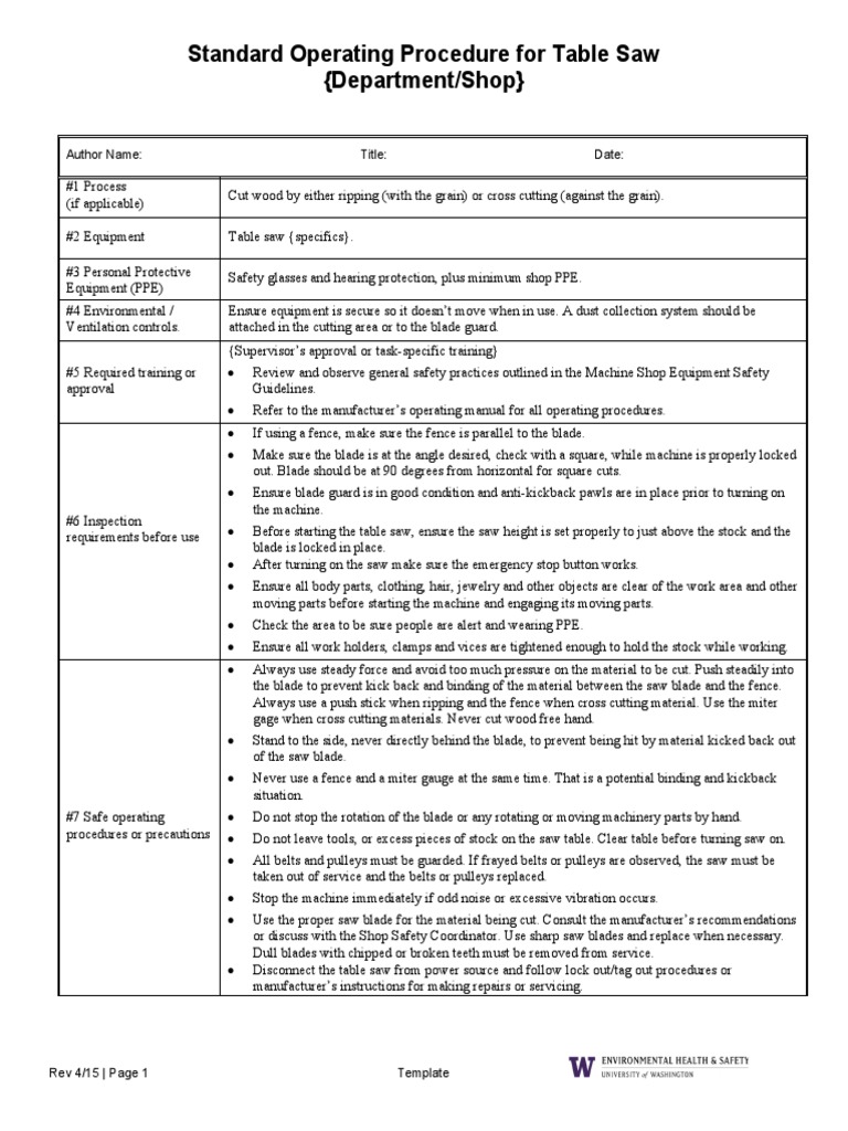 SOP Table Saw Safety PDF Personal Protective Equipment Tools