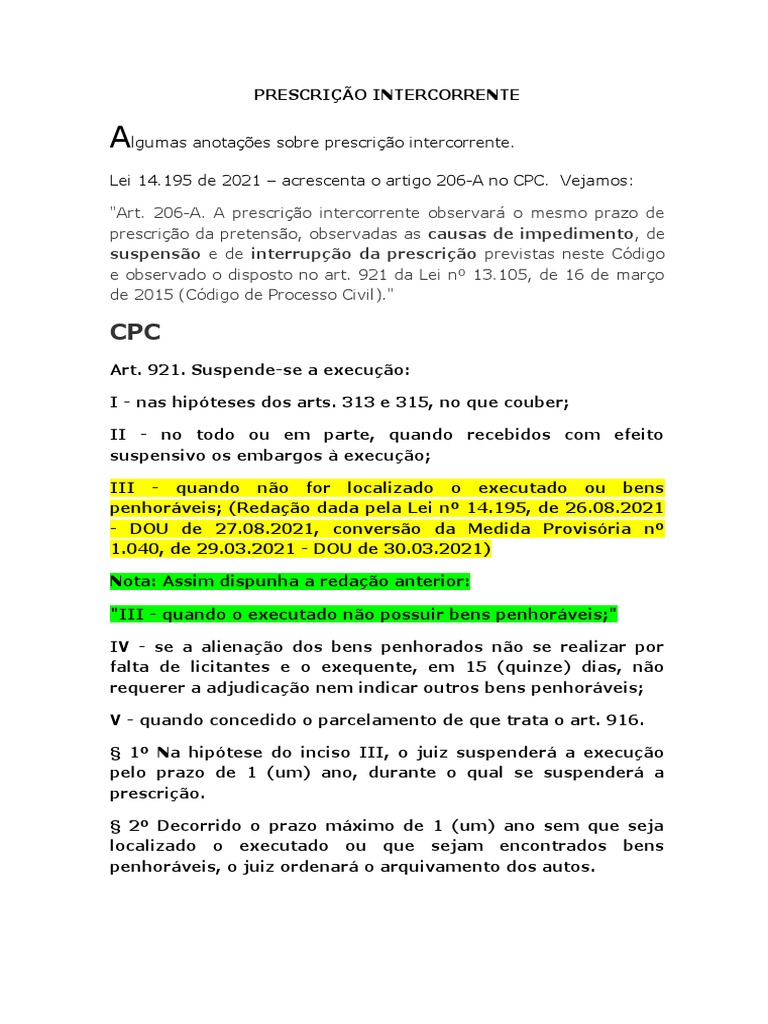 Prescrição Intercorrente e A Lei 14195-2021 | PDF | Estatuto de ...