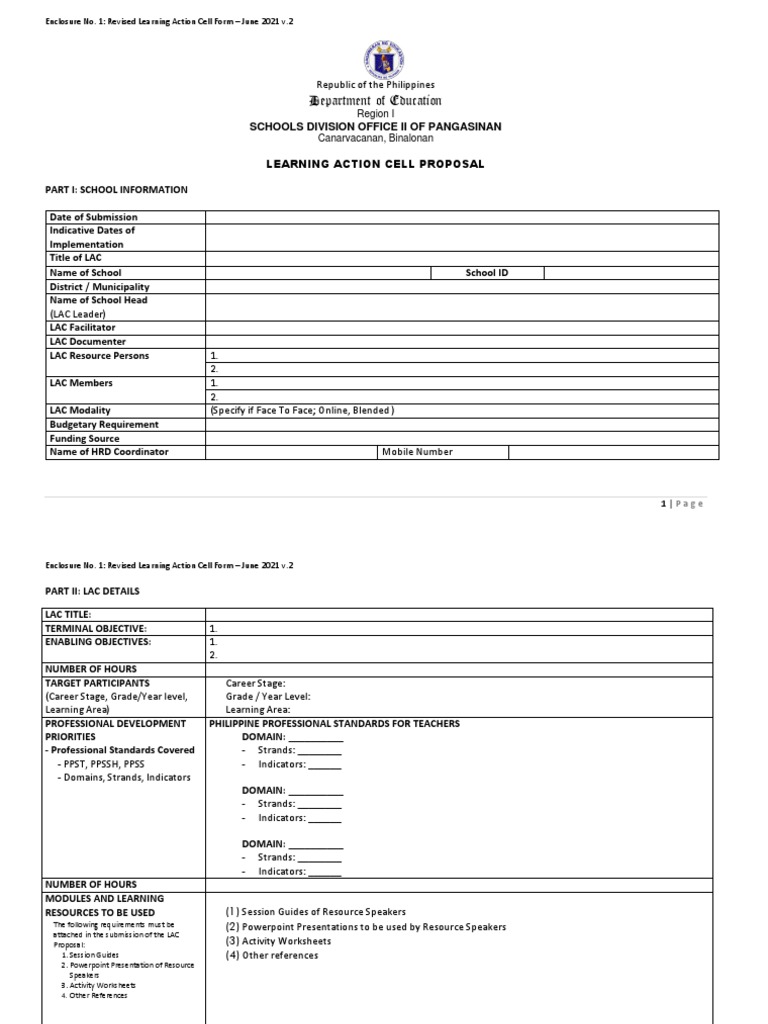Revised Learning Action Cell Form 2021 | PDF | Cognition