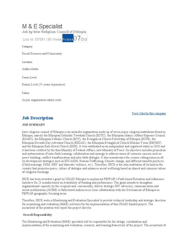 M & E Specialist Job Description PDF Monitoring And Evaluation Evaluation
