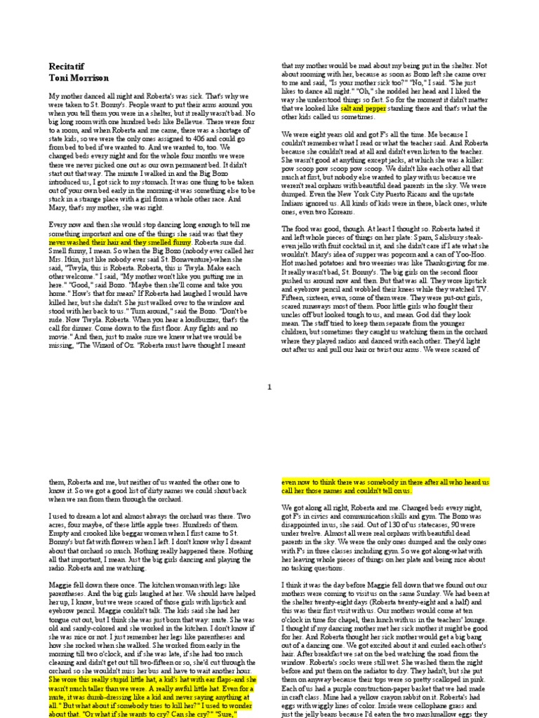 Recitatif Toni Morrison | PDF