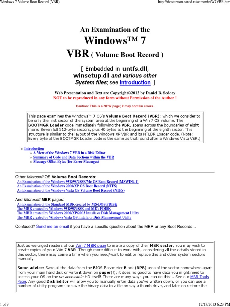 Windows 7 Volume Boot Record (VBR) PDF Booting Computing Platforms