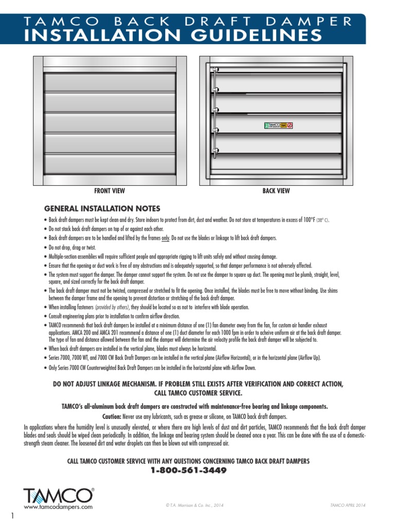 Installation Guidelines Tamco Back Draft Damper PDF Duct (Flow
