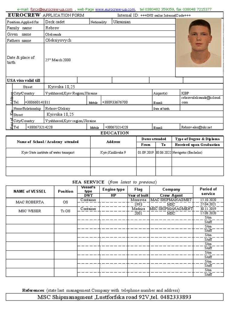 EUROCREW Application Form | PDF | Oil Tanker | Water Transport