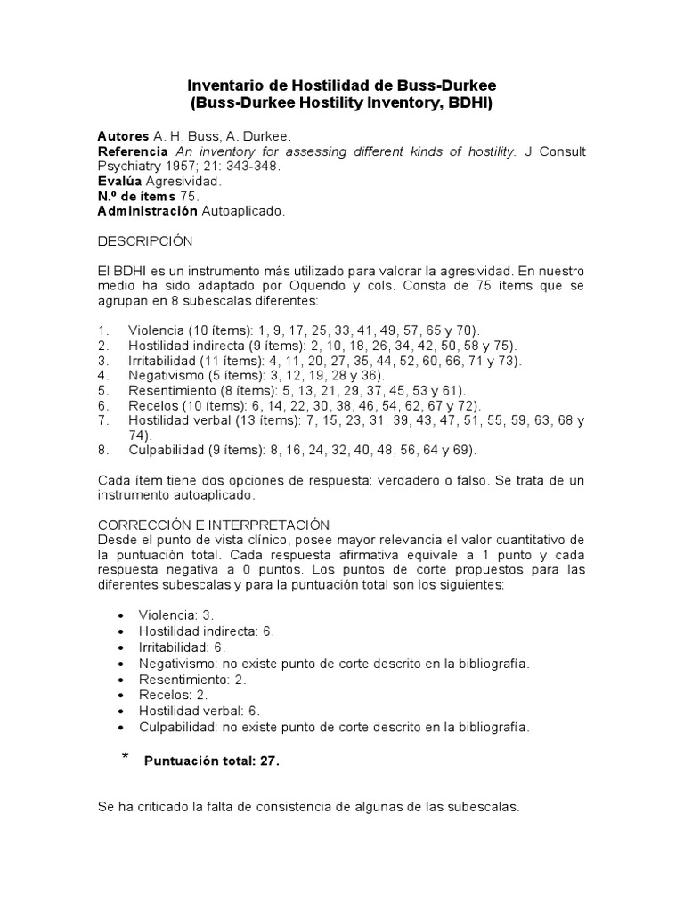 Inventario de Hostilidad Buss-Durkee | PDF | Pruebas psicologicas