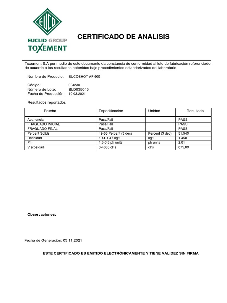 Certificado de Análisis EUCOSHOT AF 600 | PDF