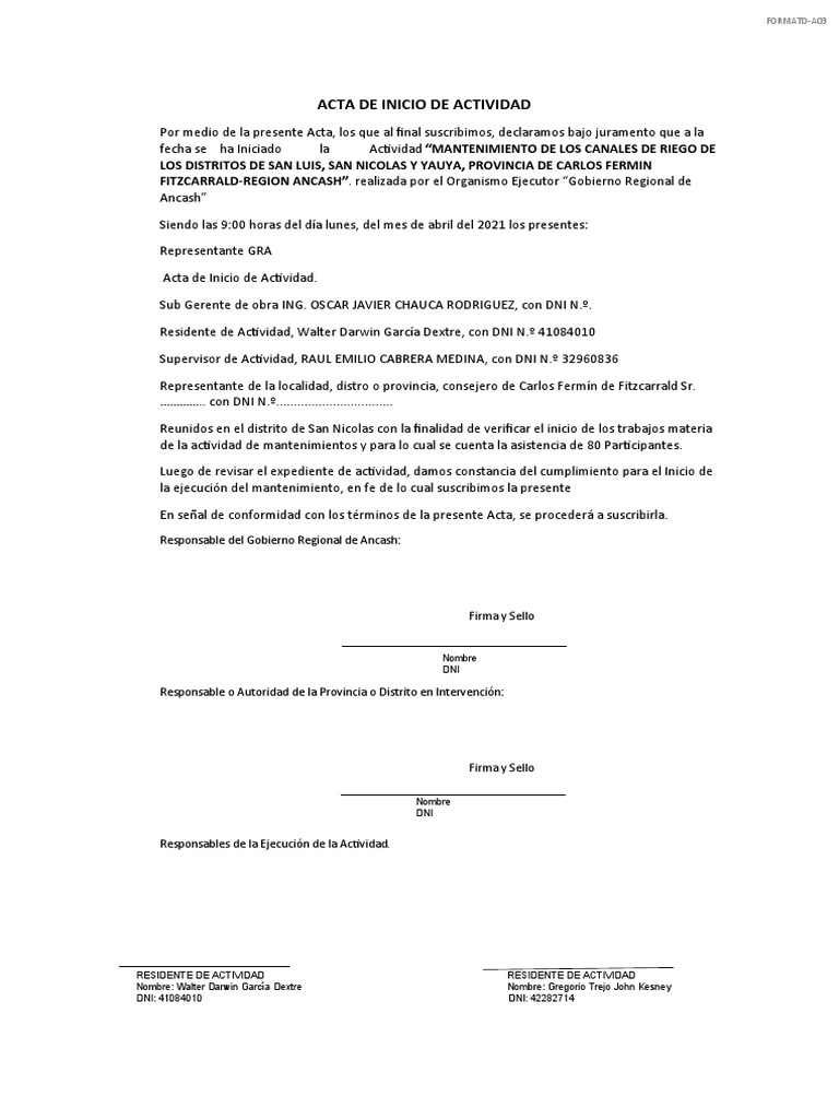 Formato - A03 Acta de Inicio de Actividad | PDF