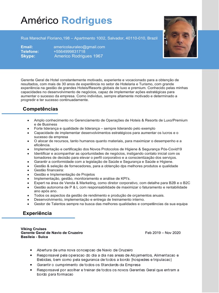 Américo Rodrigues - CV Brasil | PDF | Marketing | Hotel