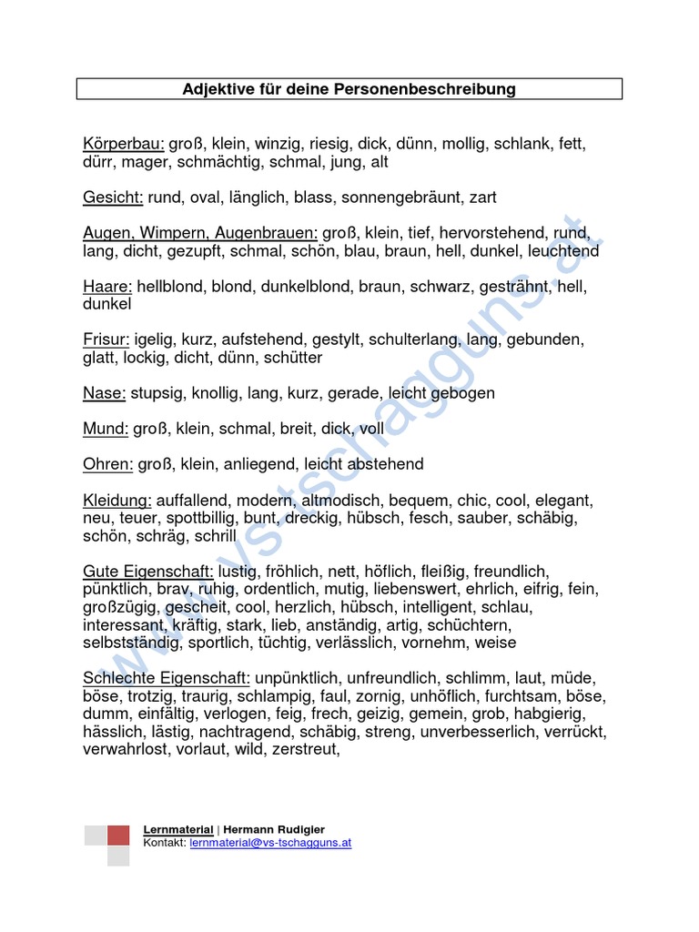 Adjektive Fuer Personenbeschreibungen Und Texte | PDF