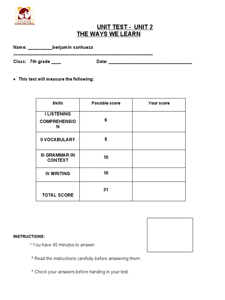 Unit Test - Unit 2 The Ways We Learn | PDF | Reading Comprehension ...