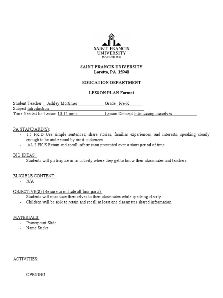 Saint Francis University Loretto, PA 15940 Education Department Lesson ...