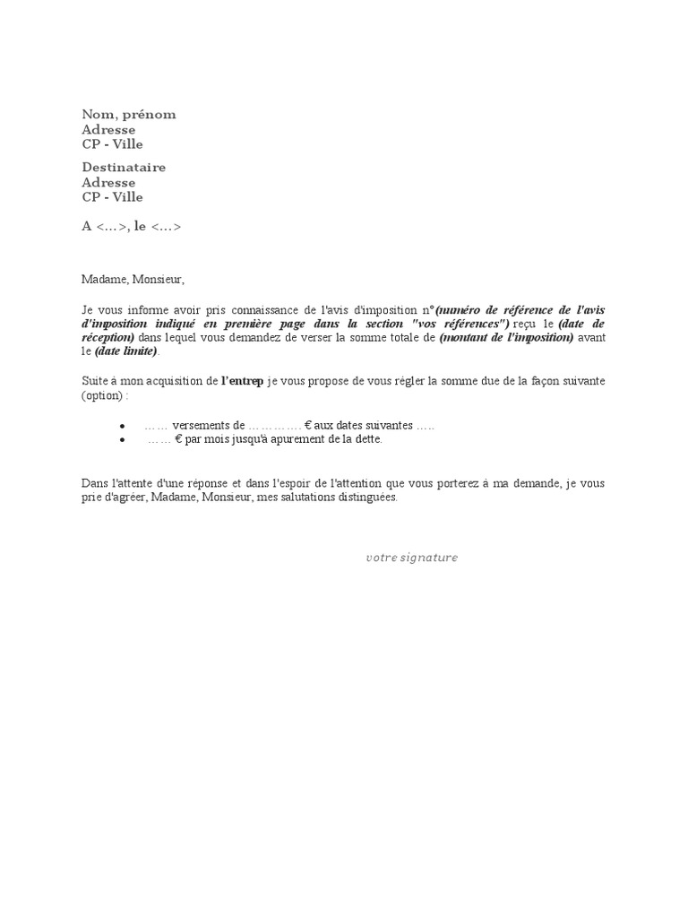 Lettre Pour Une Demande D'échelonnement Du Paiement Des Impôts PDF