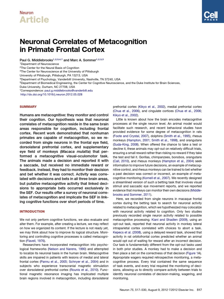 Neuronal Correlates of Metacognition | PDF | Metacognition | Prefrontal ...
