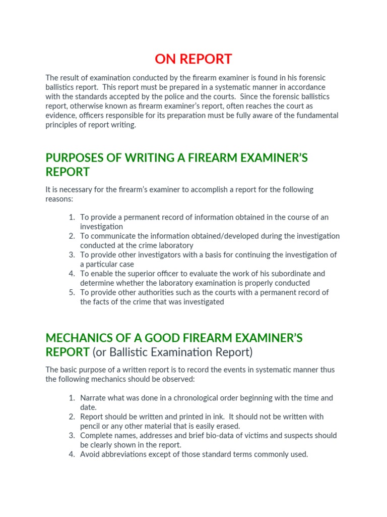 On Report: Purposes of Writing A Firearm Examiner'S | PDF | Forensic ...