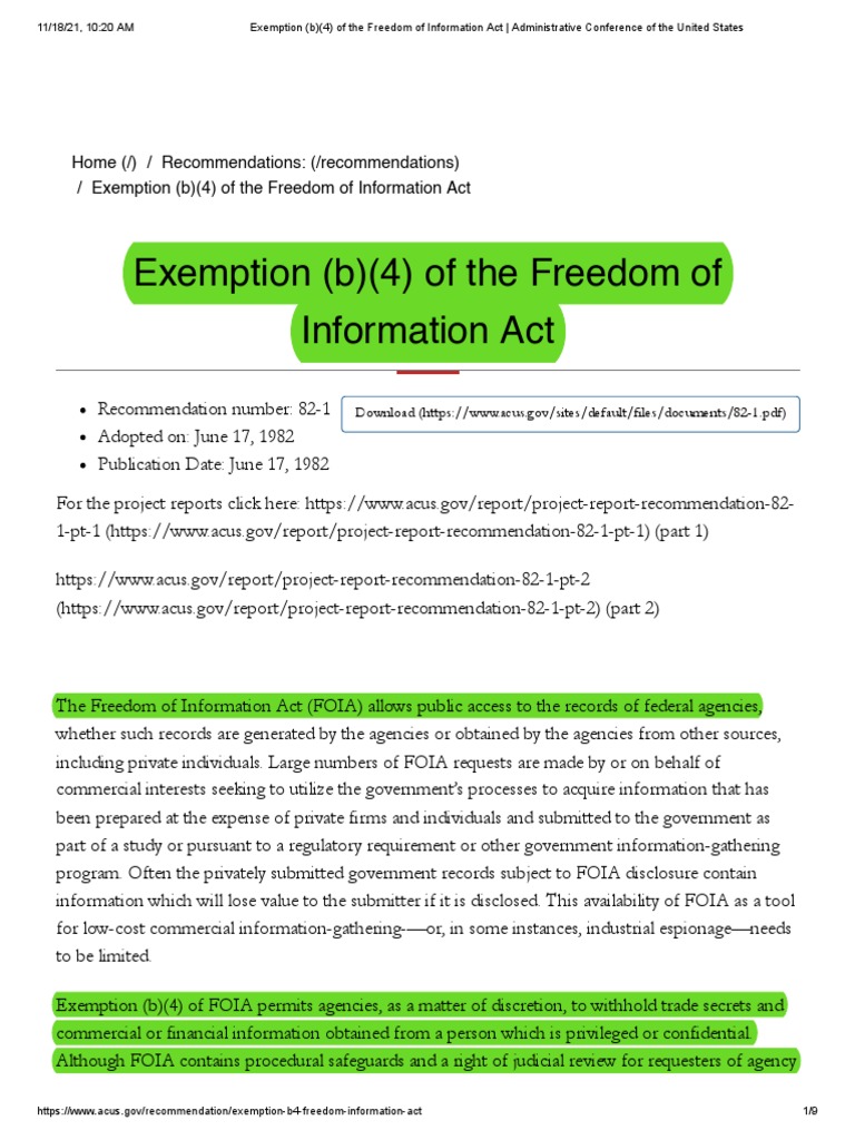 Exemption (B) (4) of The Freedom of Information Act Administrative Conference of The United