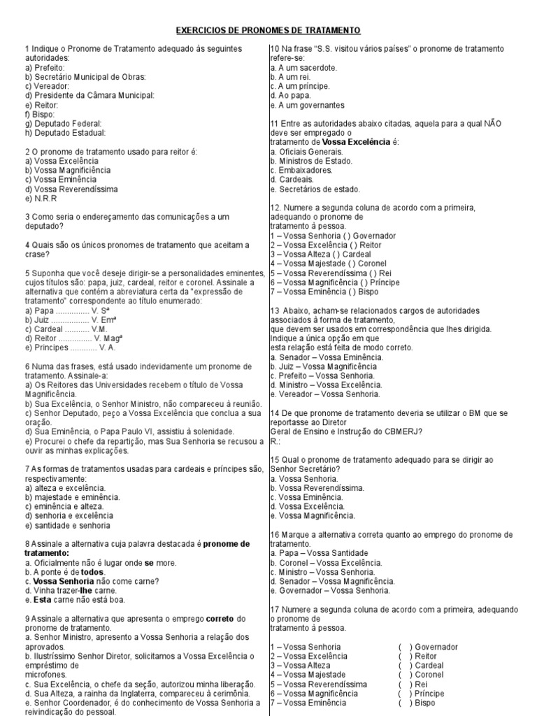 Pronomes de tratamento exercícios