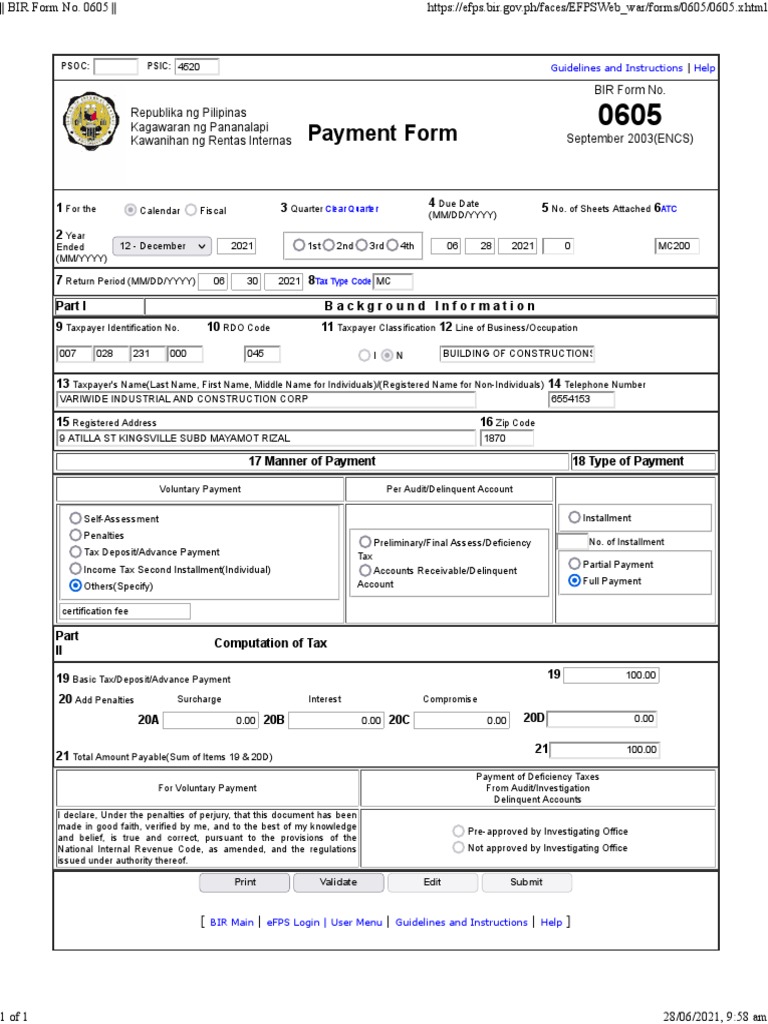 Bir form no 0605 pdf taxes payments