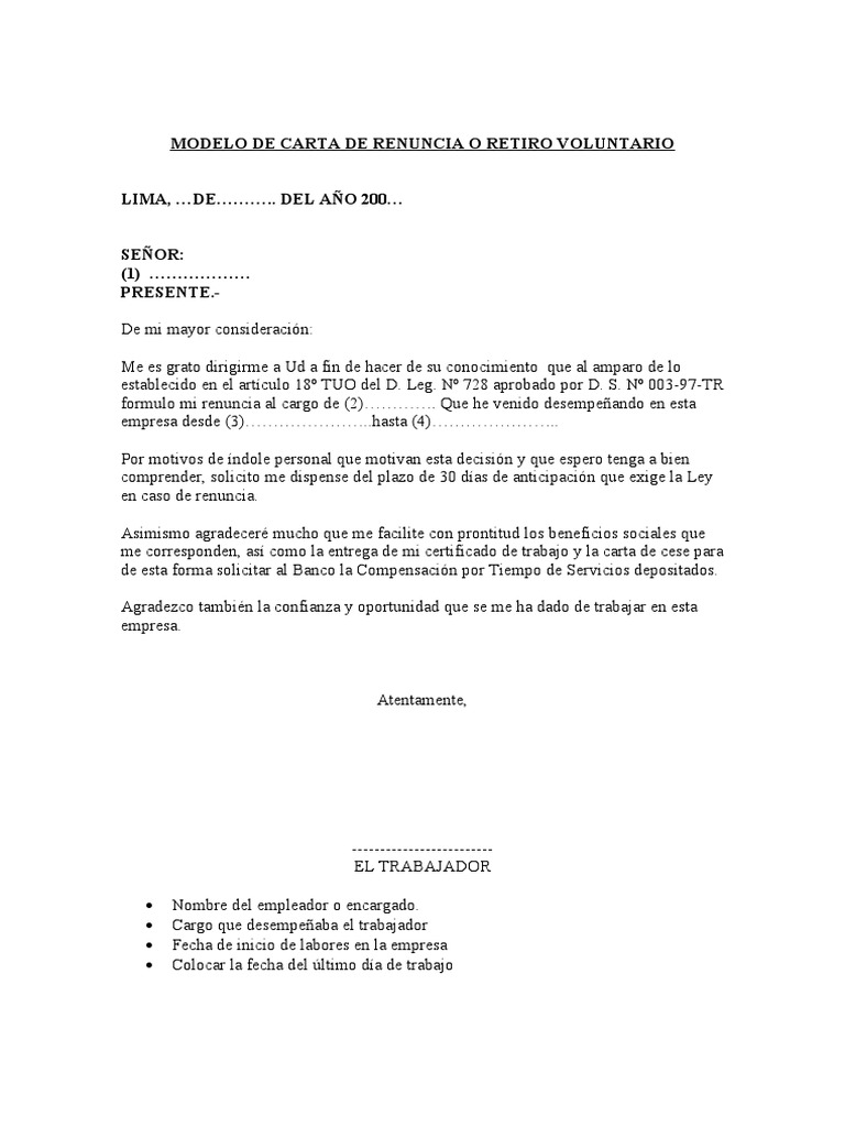 Modelo de Carta de Renuncia o Retiro Voluntario