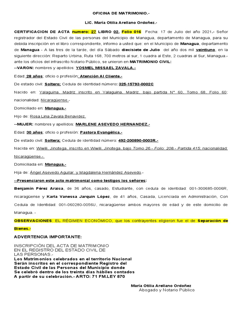 Acta de Matrimonio Hector PDF Nicaragua Parentesco y descenso