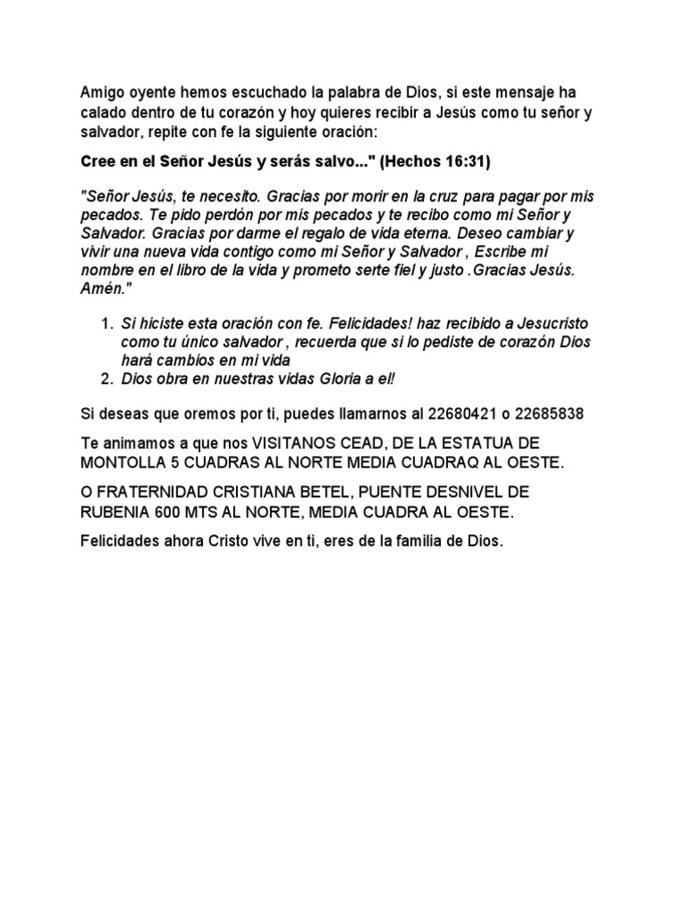 Oración para aceptar a Cristo como Salvador | PDF
