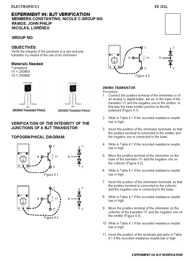 Experiment 4 BJT Verification PDF Bipolar Junction Transistor Electronics