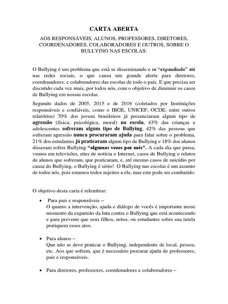 Carta Aberta. BULLYING. | PDF