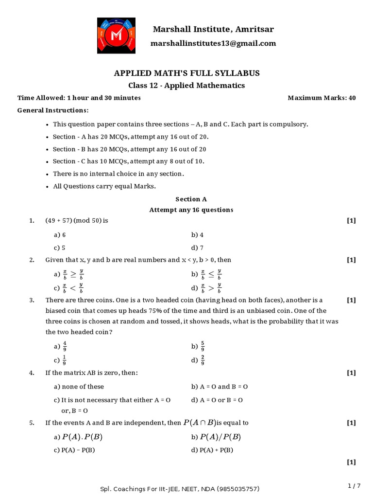 Class 12 Applied Maths Exam Paper | PDF | Matrix (Mathematics ...