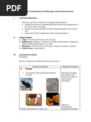 Lesson Plan in Introduction to Philosophy of the Human Person