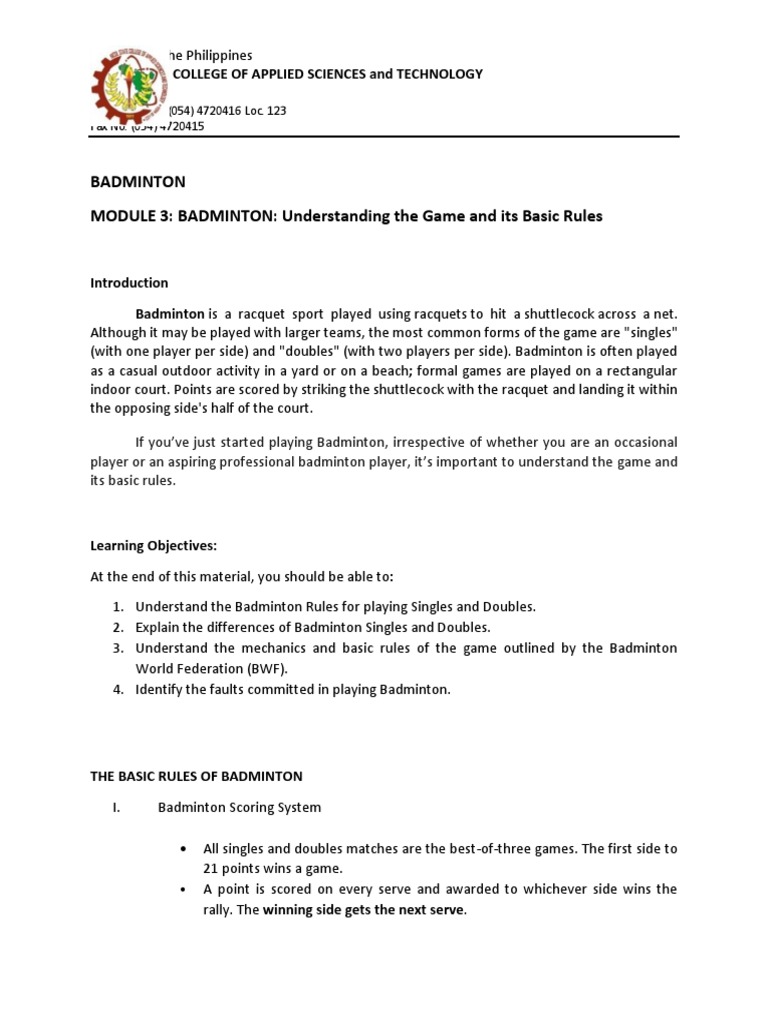 Badminton Basics: Rules and Fouls | PDF | Leisure | Games Of Physical Skill