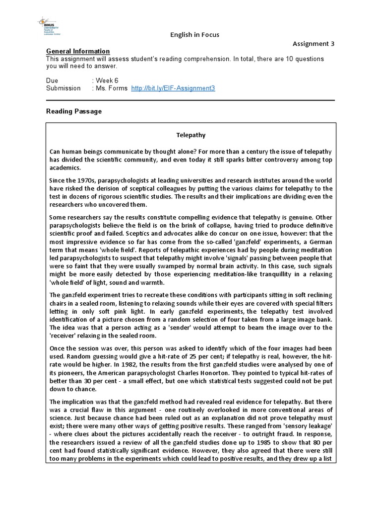 Reading Comprehension Task | PDF | Telepathy | Psychology