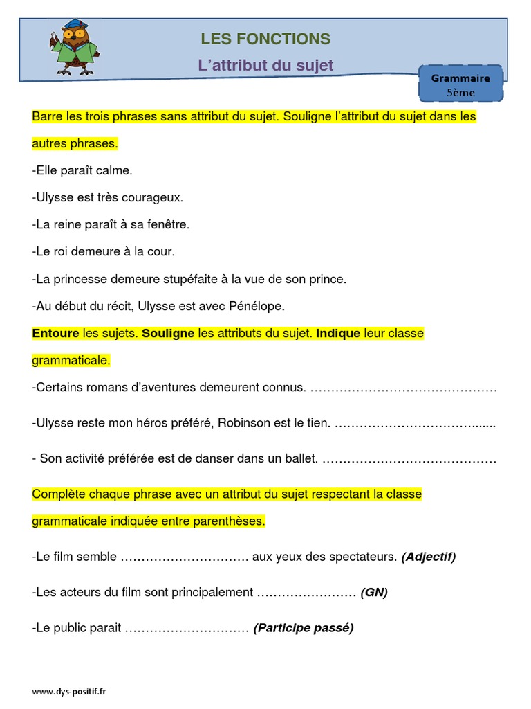 Exercice Attribut Du Sujet Avec Correction Exercices Attribut Du Sujet | PDF