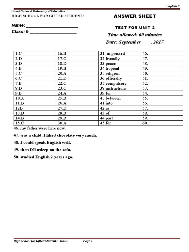 Answer Sheet - Test For U2 - 50 Questions | PDF