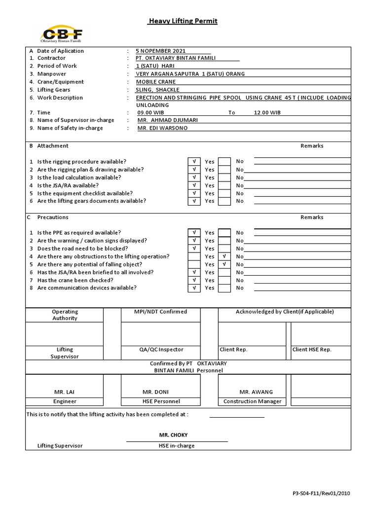 Heavy Lifting Permit VERY PERMIT Contoh PDF Crane (Machine