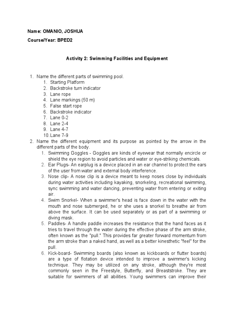 An Analysis of Swimming Facilities, Equipment and their Uses PDF
