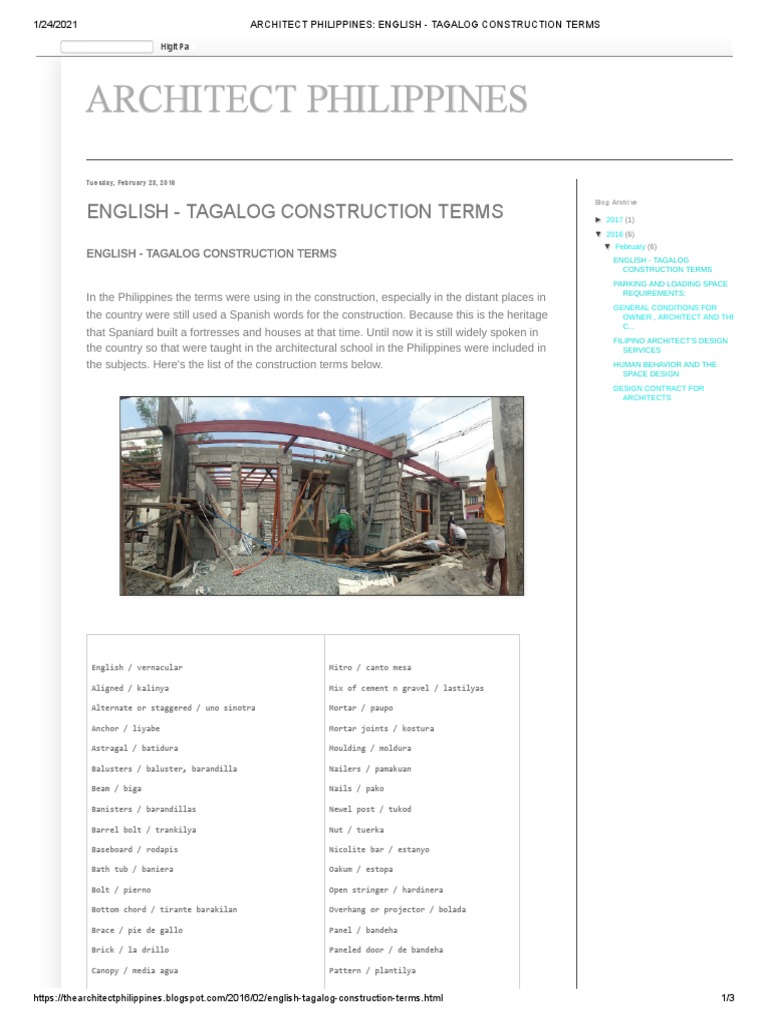 Architect Philippines English Tagalog Construction Terms PDF