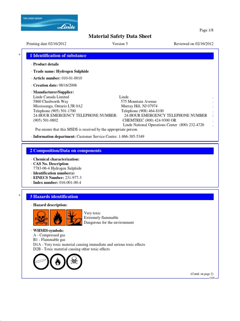 Hydrogen Sulphide EN MSDS PDF Dangerous Goods Personal