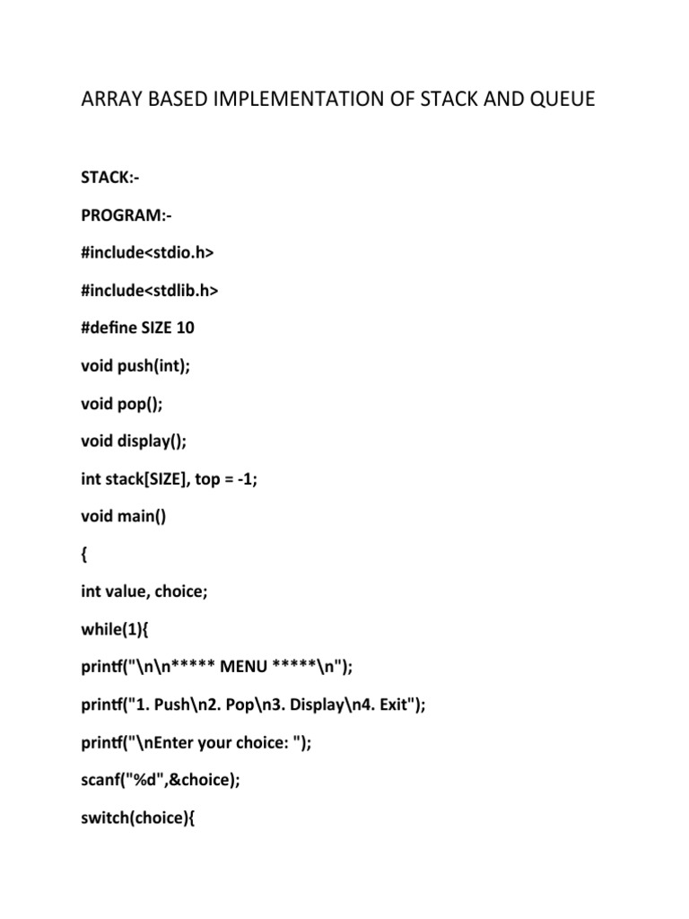 Exp 1-Array Based Implementation of Stack and Queue | PDF