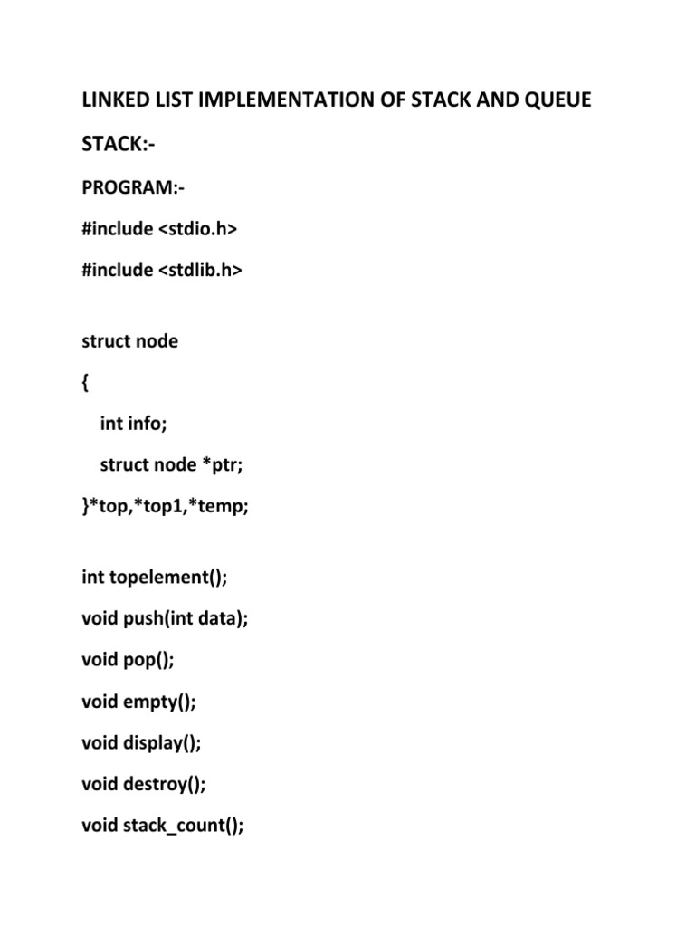 Exp 2-Linked List Implementation of Stack and Queue | PDF | Queue ...