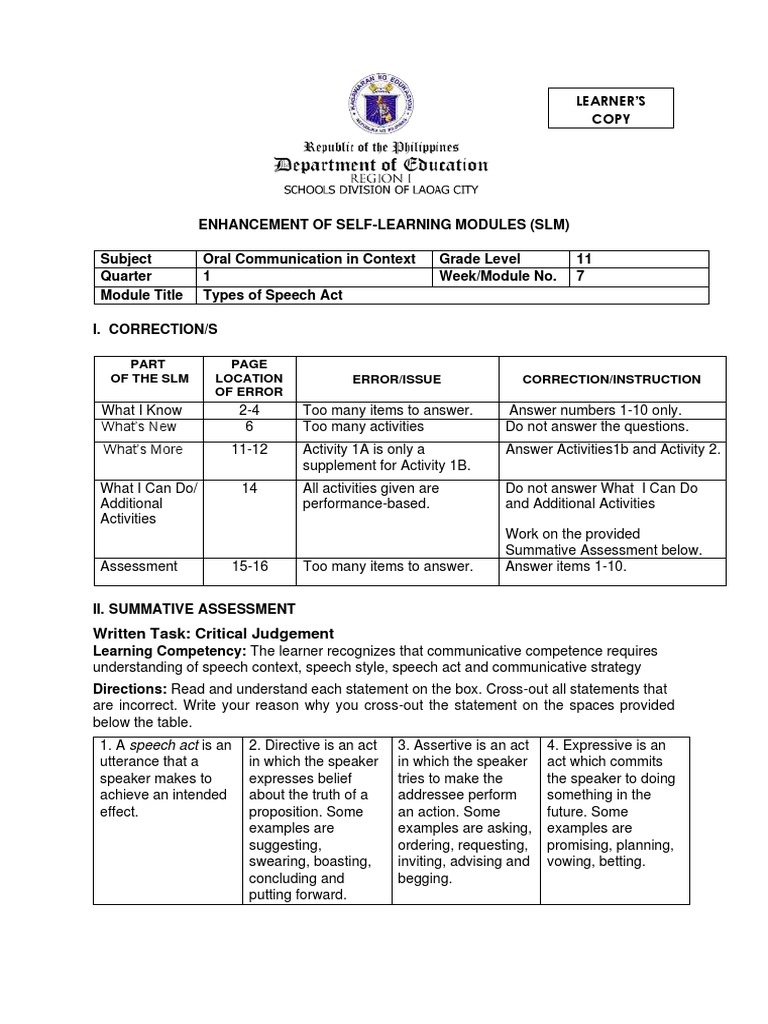 Types of Speech Act in Oral Communication | PDF | Learning ...