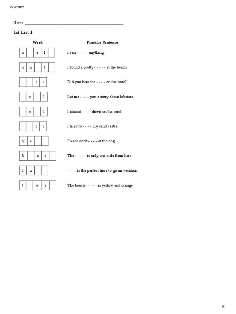 Spelling Quiz List 1 PDF
