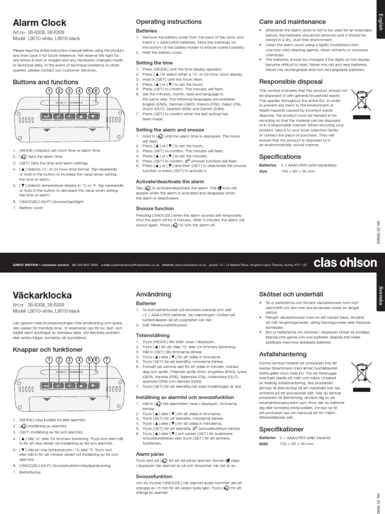 Alarm Clock Operating Instructions Care And Maintenance Pdf Clock